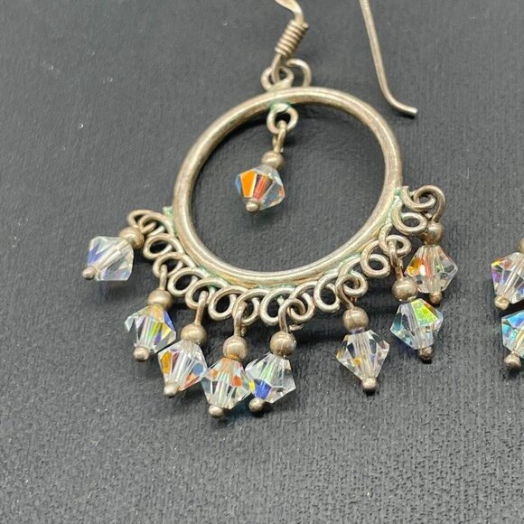 925 Sterling Silver Faceted Beaded Crystal Dangle Drop Earrings Hook Closure - Picture 5 of 5